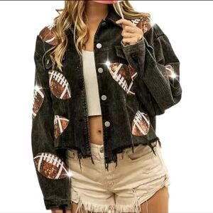 Women's Black Football Patch Jean Jacket